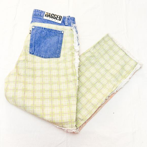 The Ragged Priest Jeans Patchwork Checkered Jeans Lime Green Salmon Blue Size 34 - Picture 9 of 9